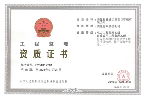 安徽省建设工程项目管理有限公司获电力工程监理乙级资质